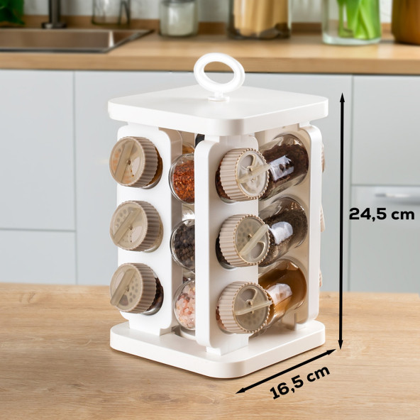 Porsima 1082 Kare Prizma Döner Standlı Döner Kapaklı 12'li Cam Baharatlık-Düzenleyici Organizer-Beyaz Cappuccino - 3