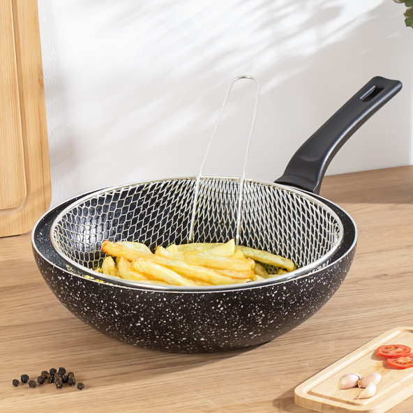 Porsima Yanmaz Yapışmaz Granit Fritöz Sepetli Cips Kızartma Wok Tava 2 Parça 28 Cm