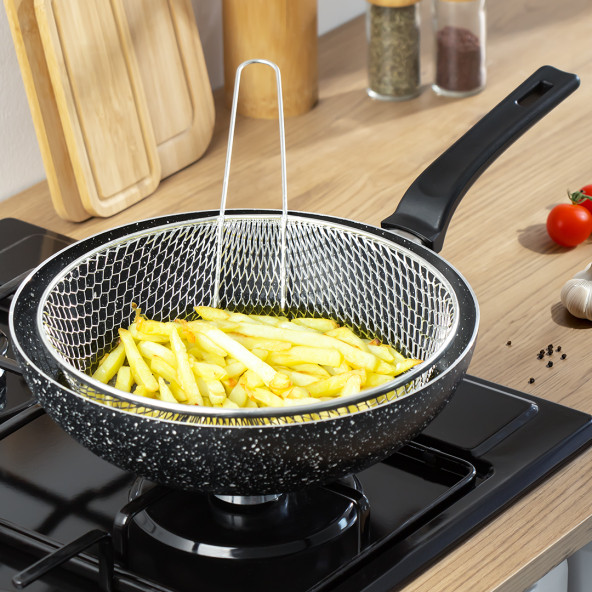 Porsima Yanmaz Yapışmaz Granit Fritöz Sepetli Cips Kızartma Wok Tava 2 Parça 28 Cm - 3