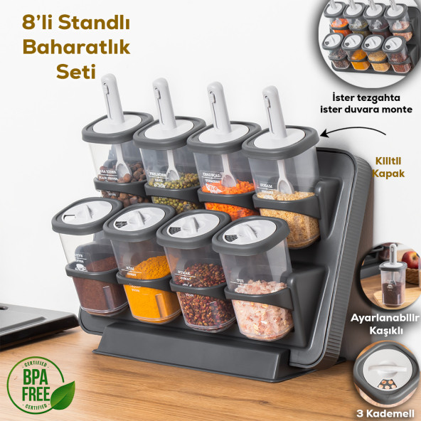 Porsima 1117 Standlı Kaydırmalı Kaşıklı 360° Döner Kapaklı Etiketli Baharatlık Seti - Erzak Saklama Kabı Antrasit - 2