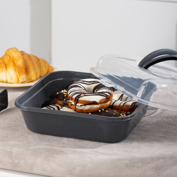 Porsima 1096 Antrasit Pasta Kek Börek Kabı - Taşıma çantası - Kilitli Fanus - Resim 2