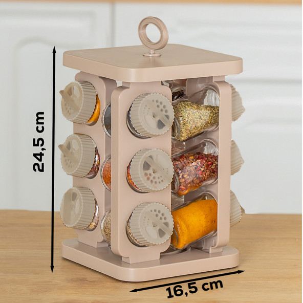 Porsima 1079 Kare Prizma Döner Standlı Döner Kapaklı 12'li Cam Baharatlık-Düzenleyici Organizer-Cappuccino - 5