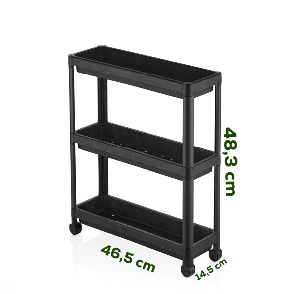 Porsima RAFTY-65-ECO-1 Tekerlekli 3 Katlı Düzenleyici - 46,5 x 14,5 x 48,3 cm Hareketli Raf - Siyah - 2