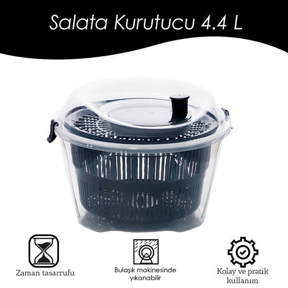 Porsima G-25 Gondol Vega Pratik Salata Kurutucu - Meyve Sebze Yeşillik Yıkama Kurutma Kabı Siyah - 4