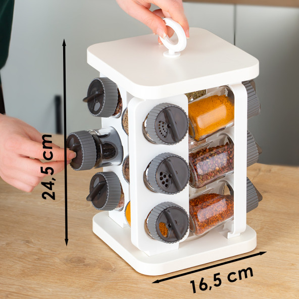 Porsima 1081 Kare Prizma Döner Standlı Döner Kapaklı 12'li Cam Baharatlık-Düzenleyici Organizer-Beyaz Antrasit - 2