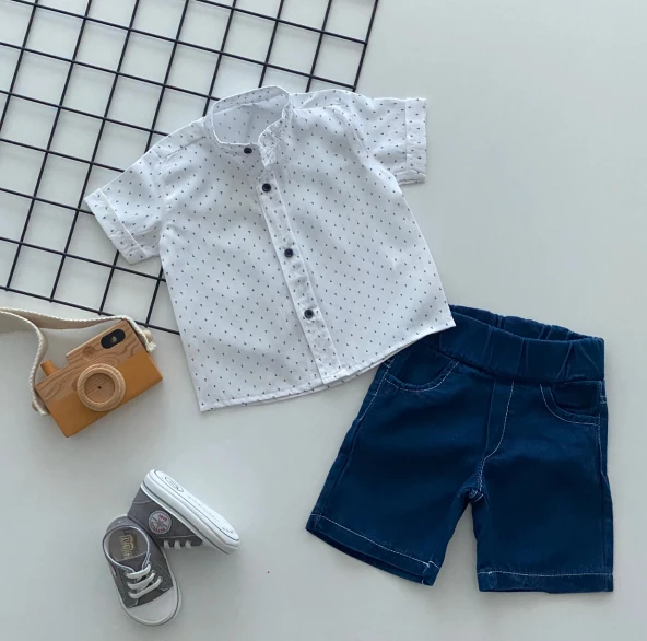 Derin Bebe Neşeli Bebeklerimiz Çapa Desen Hakim Yaka Kot Şortlu Takım