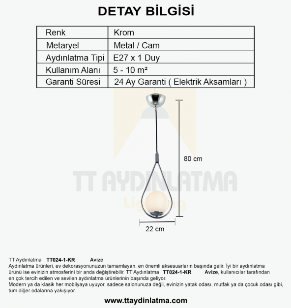 TT Aydınlatma TT024-1-KR  Krom Tekli Avize - 3