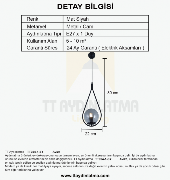 TT Aydınlatma TT024-1-SY  Mat Siyah Tekli Avize - Resim 3