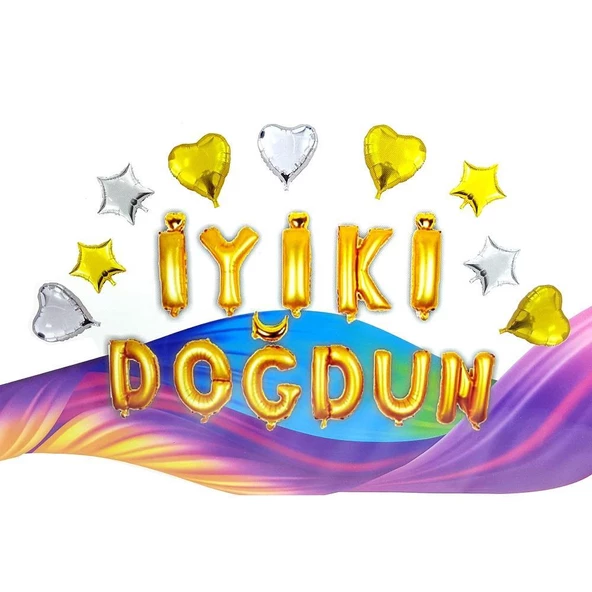 Helyuma Uyumlu İyiki Doğdun Folyo Balon Seti Kalpli ve Yıldızlı İyiki Doğdun Helyum Balonu Seti Gold Altın ürün görseli