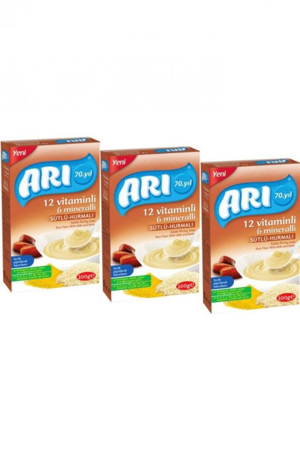 ARI MAMA 12 Vitaminli 6 Mineralli Sütlü Hurmalı Pirinç Unu 200 Gr - 3 Adet