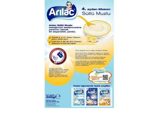 ARILAC Sütlü Muzlu Bebek Ve Küçük Çocuk Ek Gıdası 200 gr X 4 Adet - 2