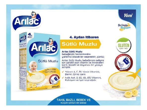 ARILAC Sütlü Muzlu Bebek Ve Küçük Çocuk Ek Gıdası 200 gr X 4 Adet - 3