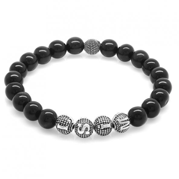 Nipora Gri Kaplangözü Metal Kombinli Kişiye Özel İsim Yazılı Küre Kesim Doğaltaş Bileklik ürün görseli