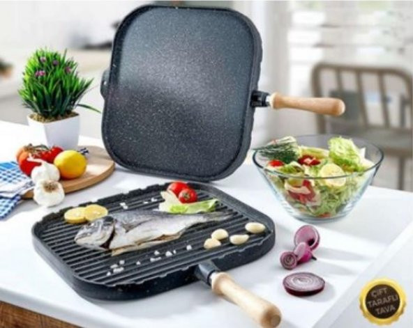 Eda Döküm Kare Çift Taraflı Izgara ve Gözleme Tavası 34 cm