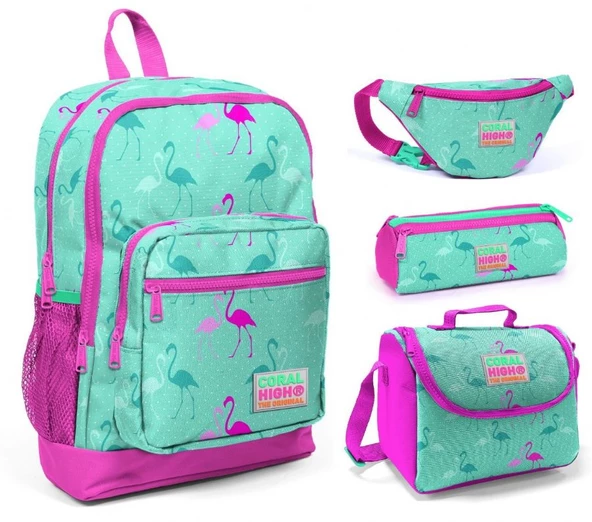 Coral High Yeşil Flamingo Kız Çocuk 4'lü İlkokul Çanta Seti