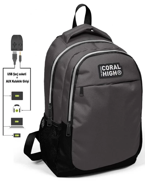 Coral High Erkek Çocuk Siyah-Gri 3'lü Çanta Takımı - USB Soketli - 3