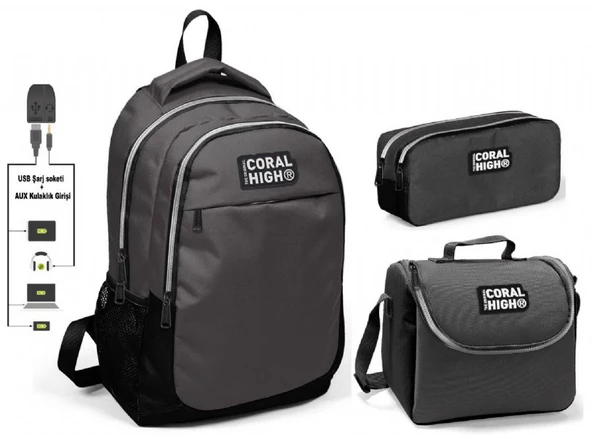 Coral High Erkek Çocuk Siyah-Gri 3'lü Çanta Takımı - USB Soketli - 2