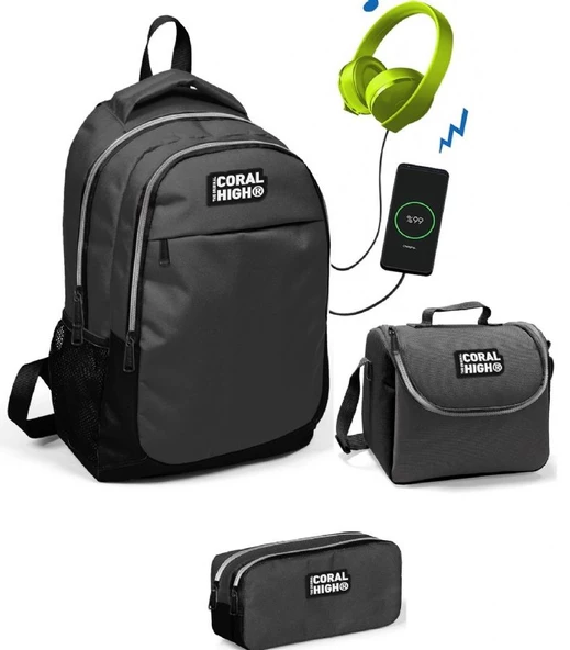 Coral High Erkek Çocuk Siyah-Gri 3'lü Çanta Takımı - USB Soketli