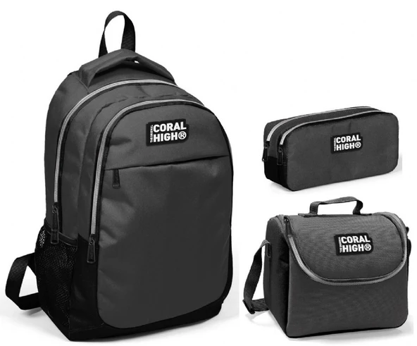 Coral High Gri Siyah Erkek Çocuk İlkokul Çanta Seti - Sırt Çantası+Beslenme+Kalemlik