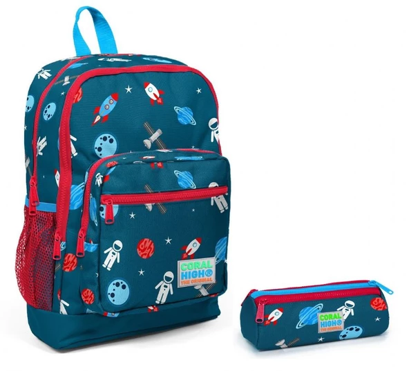 Coral High Astronot Baskılı Erkek Çocuk Sırt Çantası ve Kalem Çantası Seti - Mavi/Kırmızı ürün görseli
