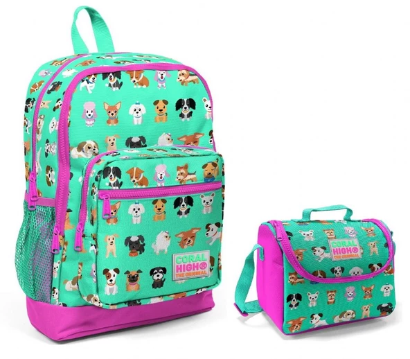 Coral High Sevimli Köpekler Baskılı Kız Çocuk İlkokul Çantası ve Beslenme Seti ürün görseli