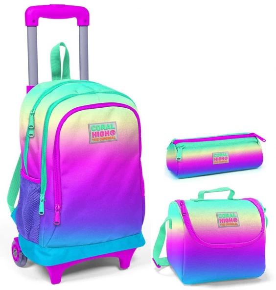 Coral High Pembe - Yeşil - Mavi Kız Çocuk Çekçek Çanta Seti - Işıklı Tekerlekler