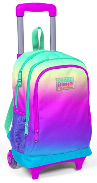 Coral High Pembe - Yeşil - Mavi Kız Çocuk Çekçek Çanta Seti - Işıklı Tekerlekler - 2