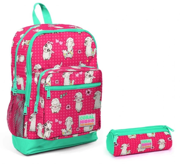 Coral High Pembe Yeşil Kuzu Baskılı Okul Sırt Çantası ve Kalemlik Takım - Kız Çocuk ürün görseli