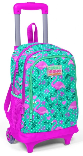 Coral High Yeşil Flamingo Kız Çocuk Çekçek Çanta Seti - Işıklı Tekerlekler - Resim 2