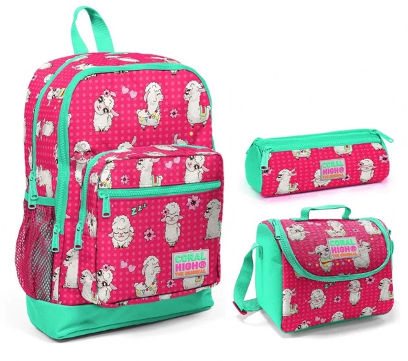 Coral High Lama Baskılı Kız Çocuk 3'lü İlkokul Çanta Seti