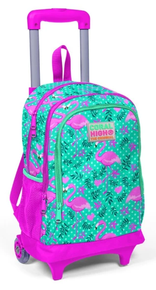 Coral High Pembe-Yeşil Flamingo Baskılı Işıklı Tekerlekli Çekçek Okul Çantası - Kız Çocuk ürün görseli