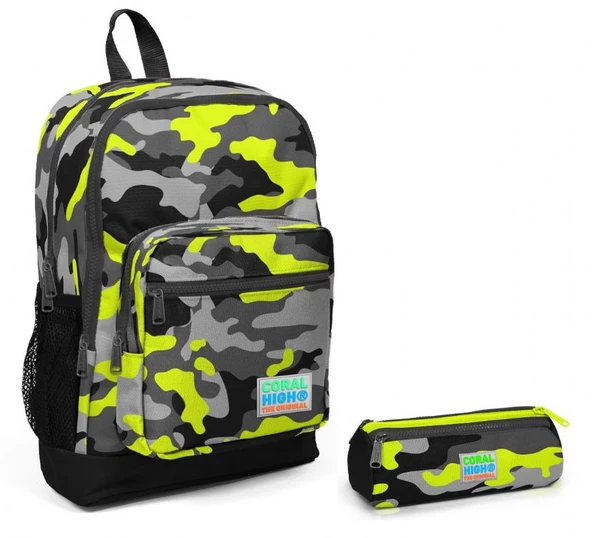 Coral High Yeşil Kamuflaj Erkek Çocuk İlkokul Çantası ve Kalemlik Seti
