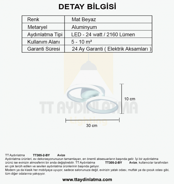 TT Aydınlatma TT305-2-BY  Mat Beyaz 2 li Led Avize - 3