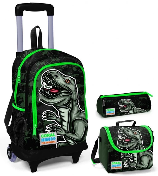 Coral High Yeşil Dinazor Erkek Çocuk Çekçek Çanta Seti - Işıklı Tekerlekler ürün görseli