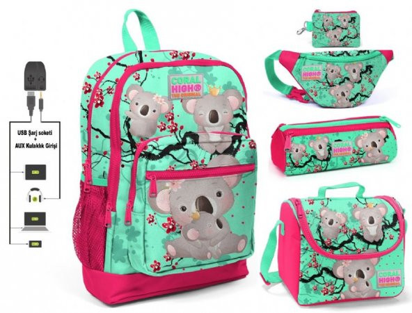Coral High Yeşil Koala Baskılı Kız Çocuk İlkokul 5li Çanta Seti - USB Soketli