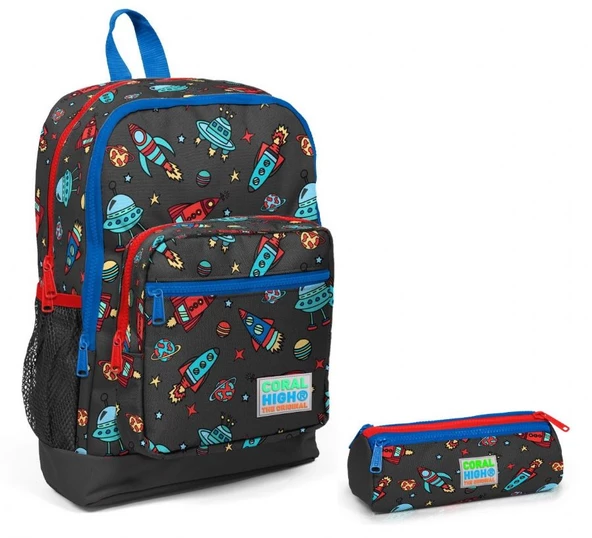 Coral High Erkek Çocuk Roket Baskılı Dört Bölmeli Sırt Çantası Kalemlik Takım ürün görseli