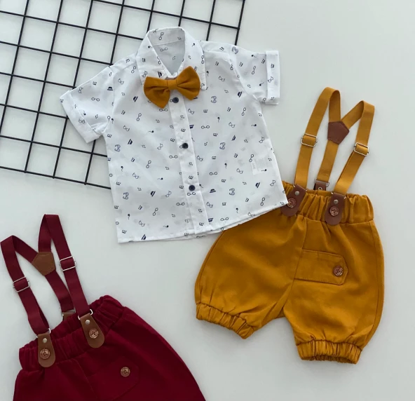 Neşeli Bebeklerimize Gözlük Desen Papyonlu Pantolon Askılı Kısa Kol Şortlu Takım Hardal ürün görseli