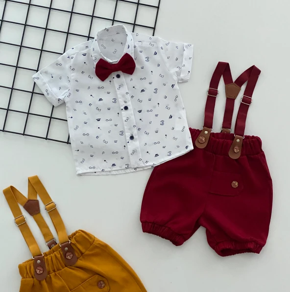 Neşeli Bebeklerimize Gözlük Desen Papyonlu Pantolon Askılı Kısa Kol Şortlu Takım Bordo ürün görseli