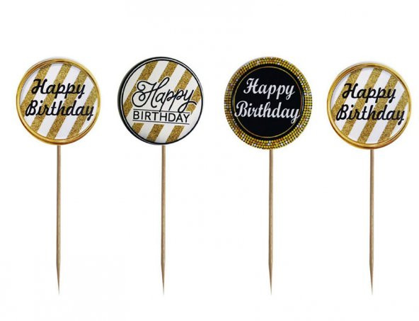 Siyah Gold Renk Temalı Happy Birthday Kürdan Süsü 20 Adet