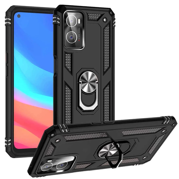 Gpack Oppo A76 Kılıf Vega Sert Silikon Tank Standlı Yüzüklü Mıknatıslı