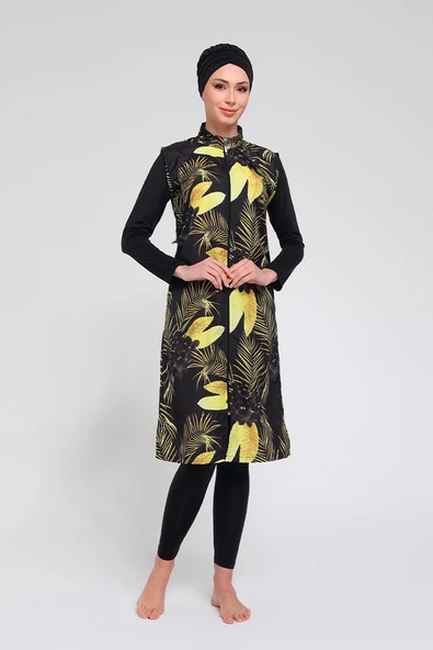 Chelly Kadın Likralı Fermuarlı Yaprak Dijital Desenli Uzun Kol Tam Kapalı Tesettür Mayo Siyah T2360 - 2