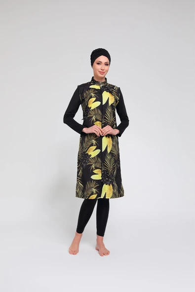 Chelly Kadın Likralı Fermuarlı Yaprak Dijital Desenli Uzun Kol Tam Kapalı Tesettür Mayo Siyah T2360