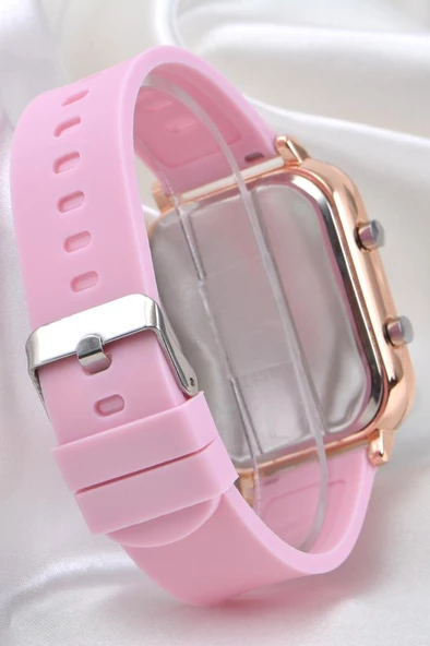 Kadın Toz Pembe Renk Silikon Kordon Rose Kasa Dijital Led Kol Saat ST-304101 - 3
