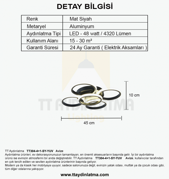 TT Aydınlatma TT304-4+1-SY YUVARLAK  Mat Siyah Plofonyer 5 li Led - 4