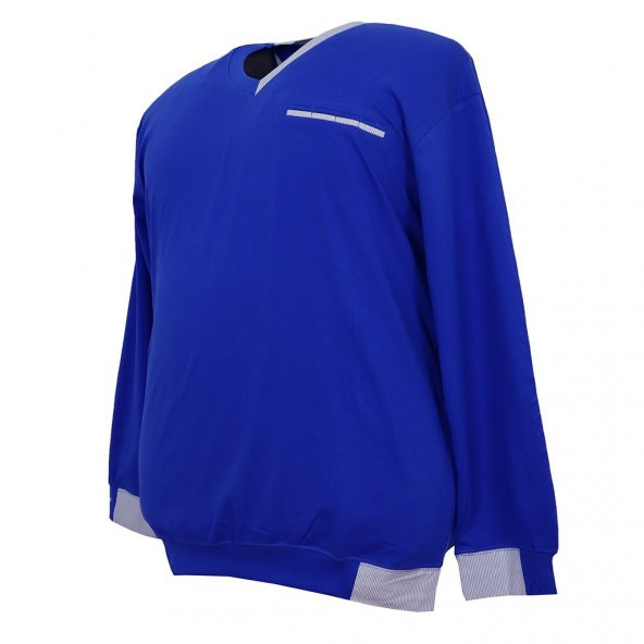 Erkek Büyük Beden Battal Boy V Yaka Likralı Mevsimlik Sweat Sax Mavi - 5