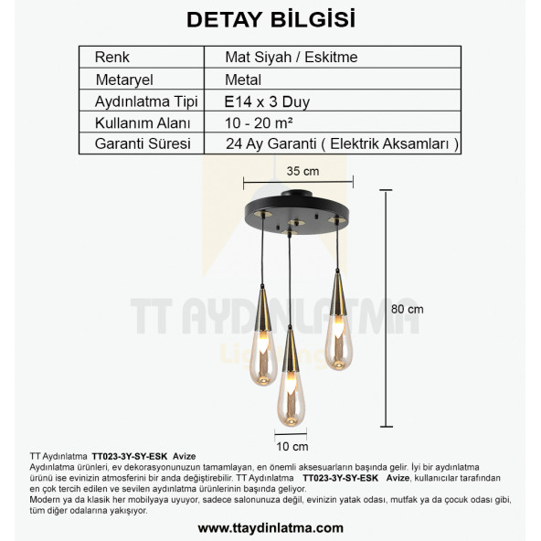 TT Aydınlatma TT023-3Y-SY-ESK Eskitme 3'lü Damla Modeli Yuvarlak Avize - 3