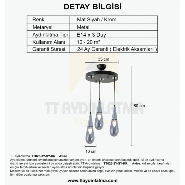 TT Aydınlatma TT023-3Y-SY-KR  Krom 3 lü Damla Modeli Yuvarlak Aviz - Resim 3