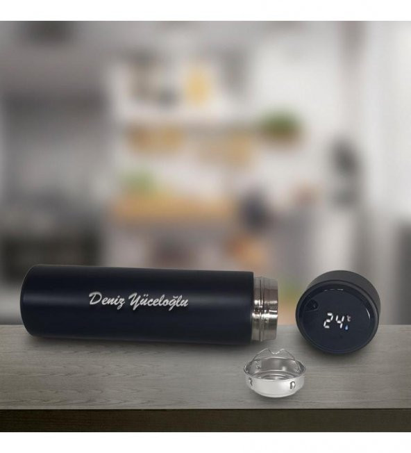 Kişiye Özel Dijital Sıcaklık Göstergeli Süzgeçli Siyah Termos 450 Ml HK2119 - 2