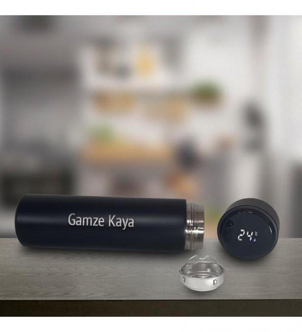 Kişiye Özel Dijital Sıcaklık Göstergeli Süzgeçli Siyah Termos 450 Ml HK2118 - 2