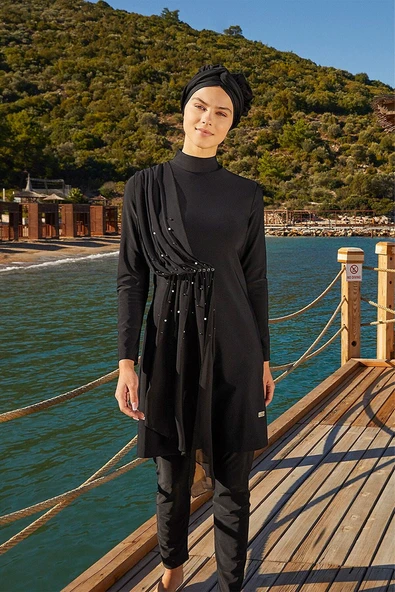 Adasea Kadın Likralı Tam Kapalı Tesettür Mayo Tül İnci Detaylı 4248